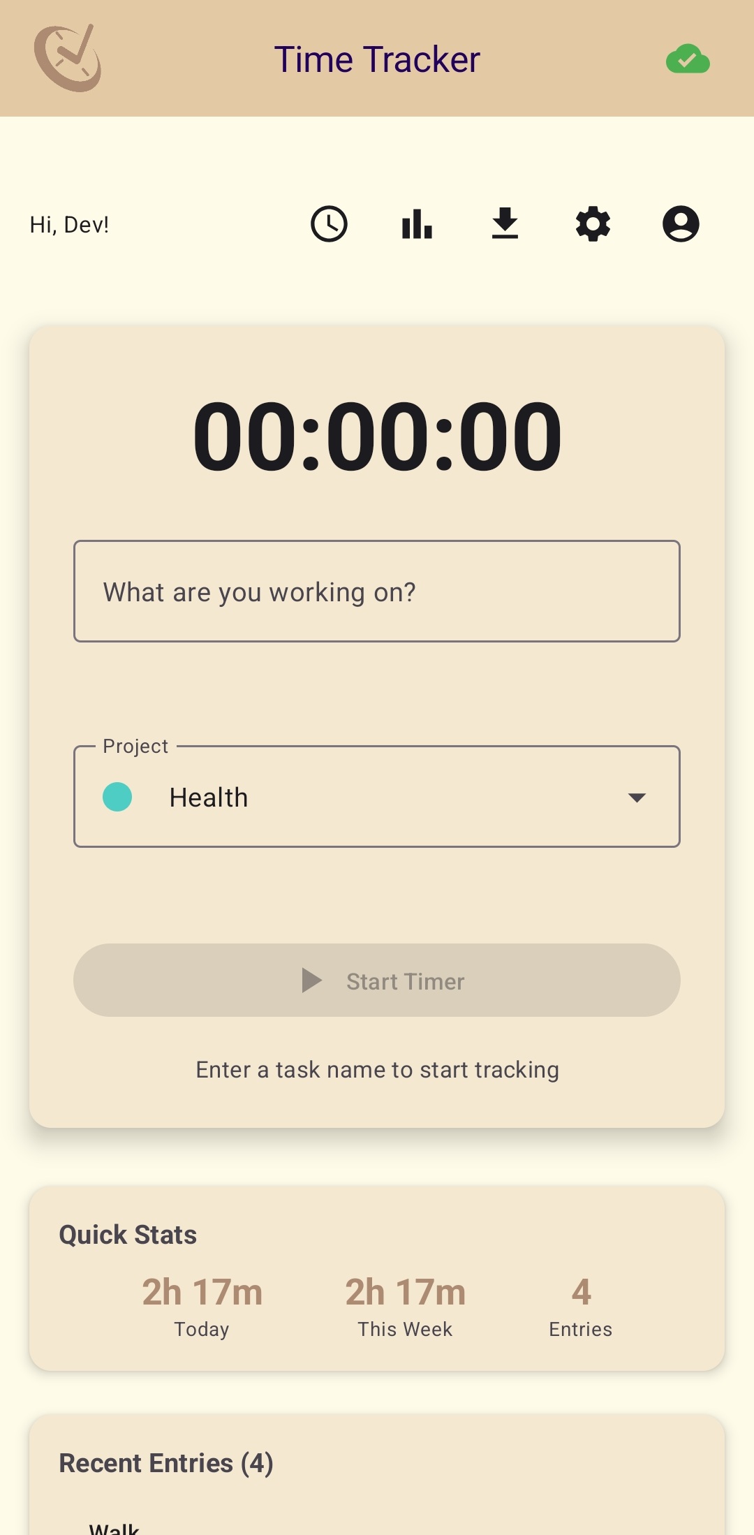 Statistics tab with project breakdown